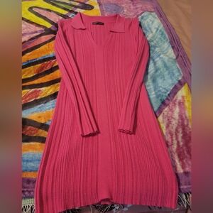 Shein Collared Ribbed Knit Bodycon Sweater Dress - Hot Pink Size Large 8/10